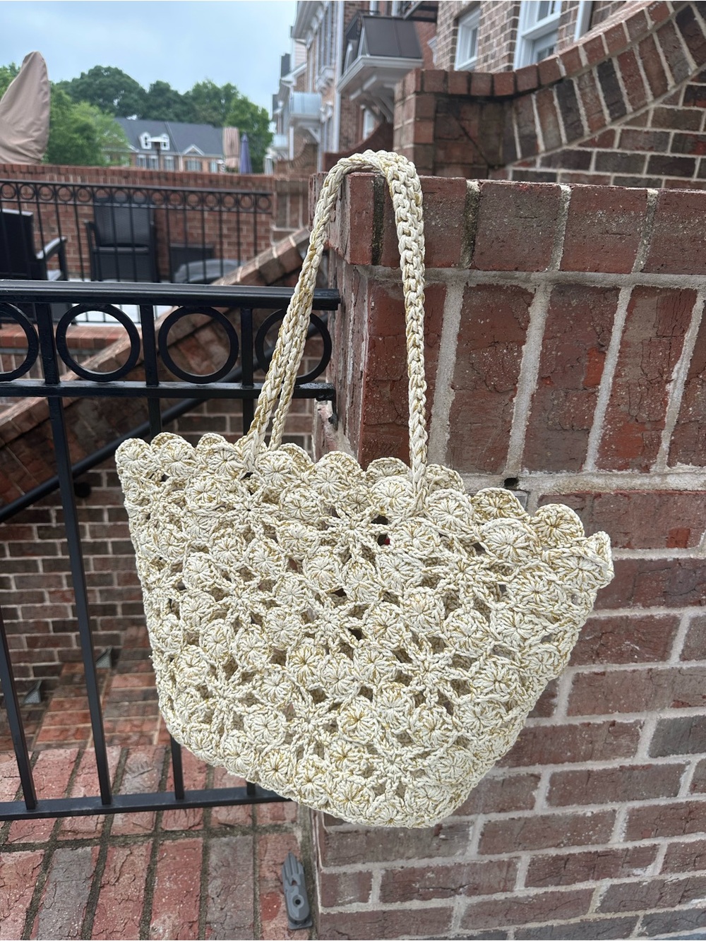 Handmade Crochet Straw Tote Bag in Cream & Gold trim threading.